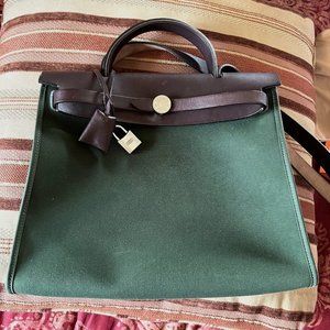 100% Authentic HERMES Herbag 31cm Box and Dustbag Brown & Green